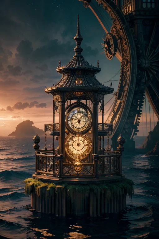 A mystical mysterious clock work Island, Island of gears and pendulums, Island of mechanical clocks, clock island, water surrounding the island, mysterious atmosphere,mechanical clock island, mystical, fantasy, digital art, intricate details, 8k, photorealistic, hyperrealistic, cinematic lighting, dramatic lighting, high quality, intricate details, masterpiece, digital art