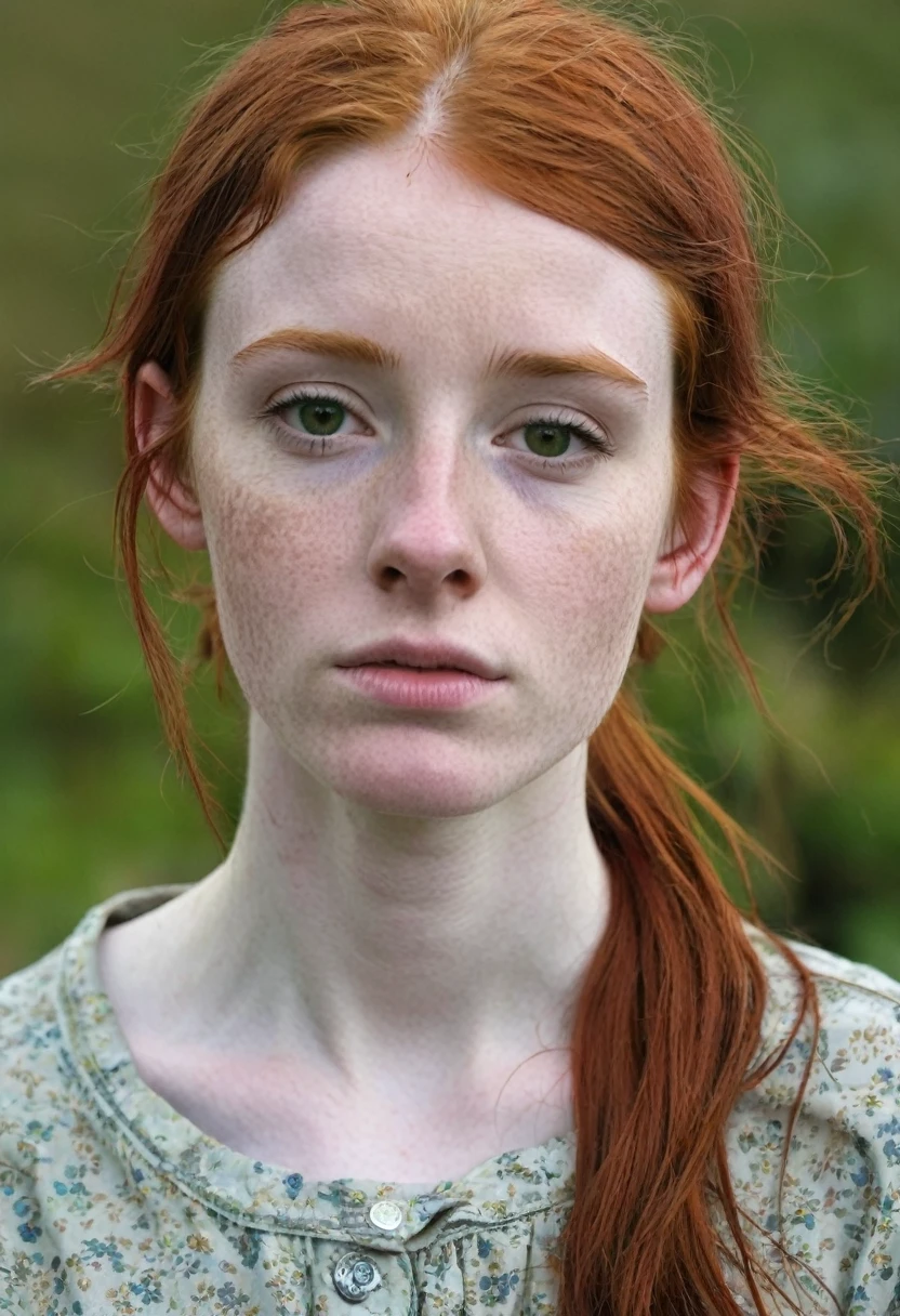 16 year old irish girl, red hair, very pale, very dirty, near starvation, anorexic, focus on face