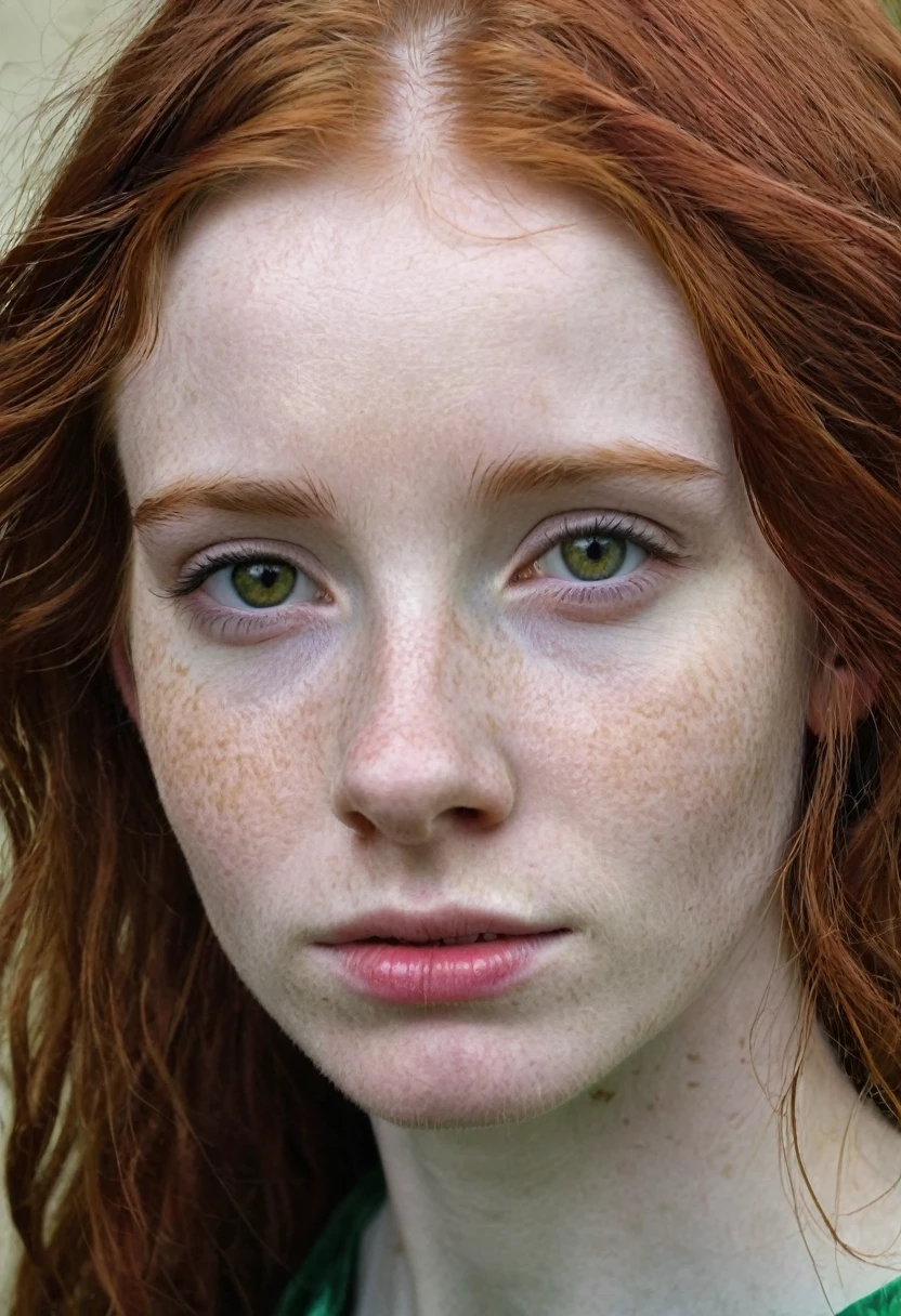 16 year old irish girl, red hair, very pale, very dirty, near starvation, anorexic, focus on face