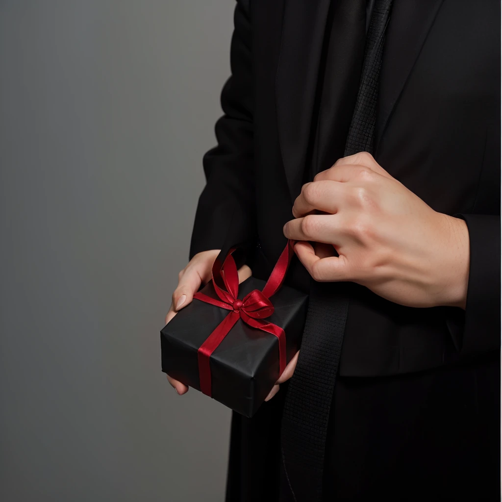 someone is holding a black gift with a red ribbon in his hand, giving Gifts to people, holding a gift, Gifts, wear robes and ties, In a black suit, In a black noble suit, Wear a black robe, In a black suit, Wear a black robe, in a black and red suit, wear a black shirt, мужчина In a black suit, presents