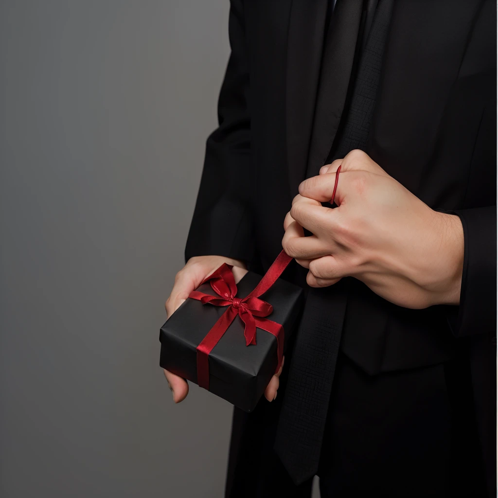 someone is holding a black gift with a red ribbon in his hand, giving Gifts to people, holding a gift, Gifts, wear robes and ties, In a black suit, In a black noble suit, Wear a black robe, In a black suit, Wear a black robe, in a black and red suit, wear a black shirt, мужчина In a black suit, presents