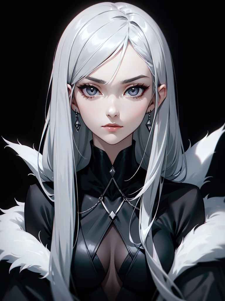 (((Portrait Photo))), She has a calm and enigmatic appearance of a 16-year-old, with a slender and poised build that exudes elegance and mystery. Her straight, shoulder-length silver hair frames her face with a sleek and sophisticated style, complementing her cool and composed demeanor. Her deep grey eyes convey a sense of depth and introspection, adding to her intriguing presence. She is dressed in a sleek black coat with a high collar and white fur trim, giving her a chic and stylish look that combines both warmth and sophistication. Her expression is serene and thoughtful, with a subtle hint of melancholy, reflecting her complex and multifaceted personality. (((High Quality, Dark Background))), (((Portrait Photo)))