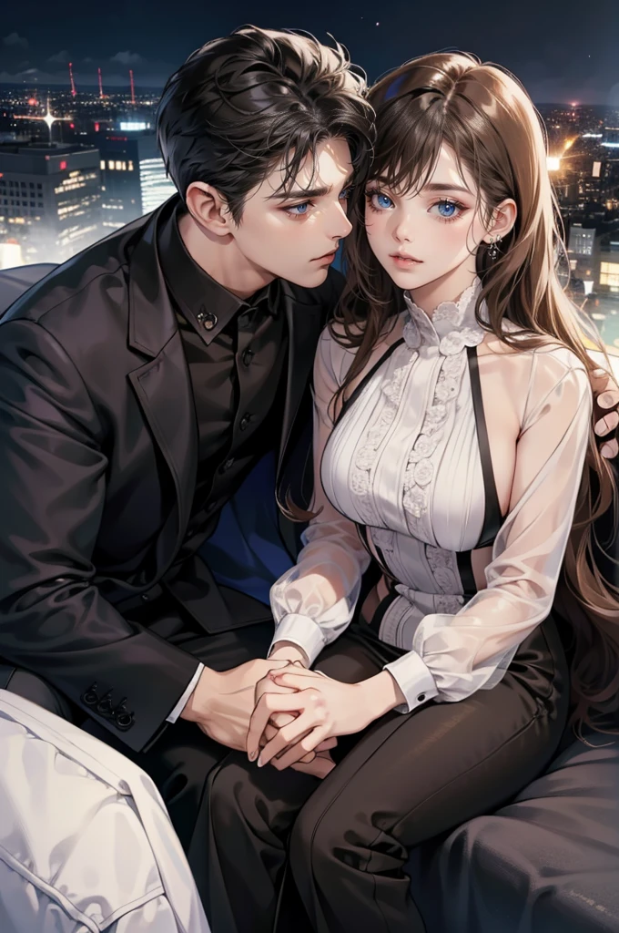1boy 1girl cuddeling each other, brown eyes, wearing all black suit together, close up, city, absurdres, high res, ultrasharp, 8K, masterpiece, looking at each other