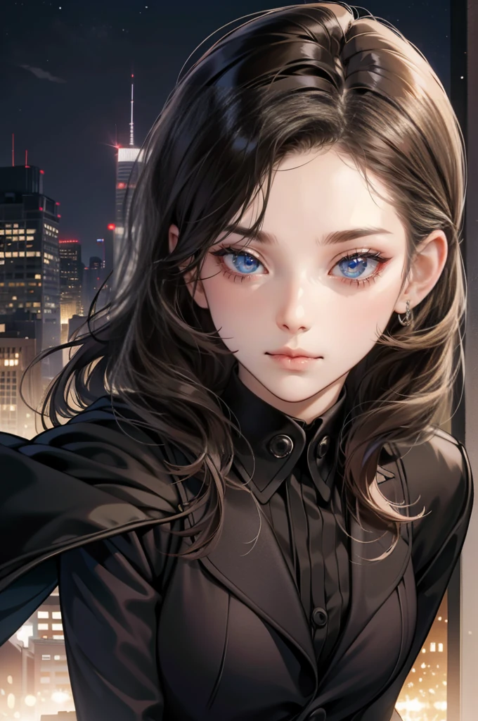 1boy 1girl cuddeling each other, brown eyes, wearing all black suit together, close up, city, absurdres, high res, ultrasharp, 8K, masterpiece, looking at each other