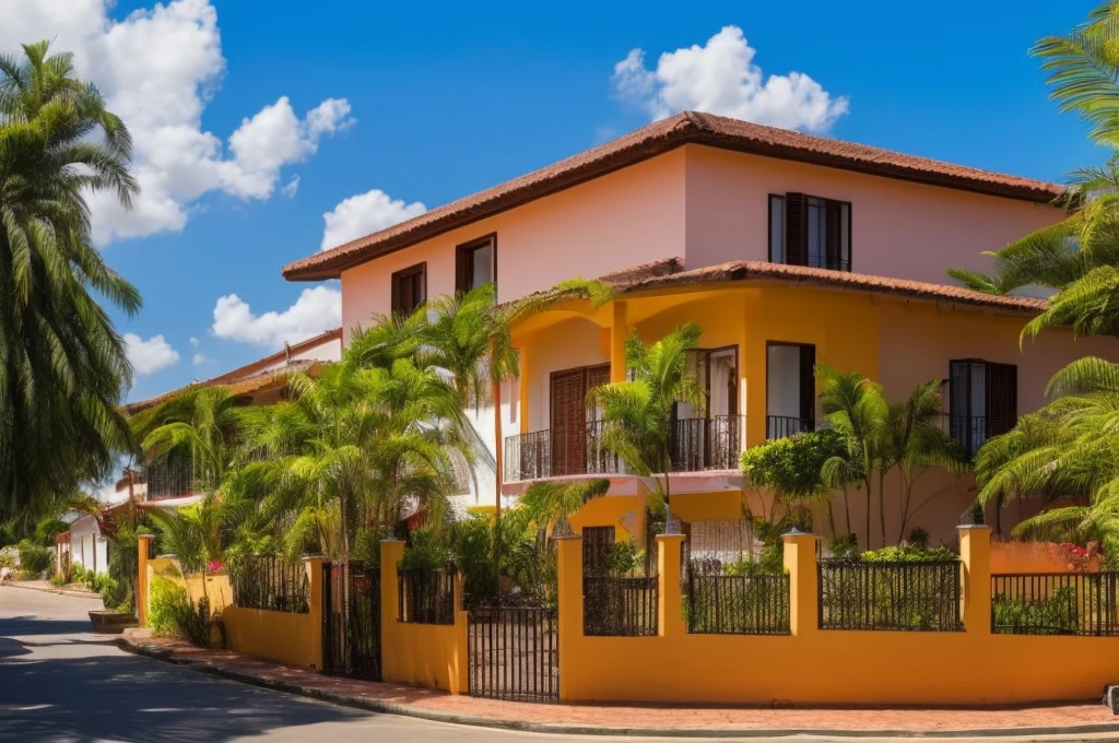 Brazilian one-story houses, peaceful place, with wall, typical Brazilian houses, wide streets, side view, Sunnyday, lampposts, clouds in the sky