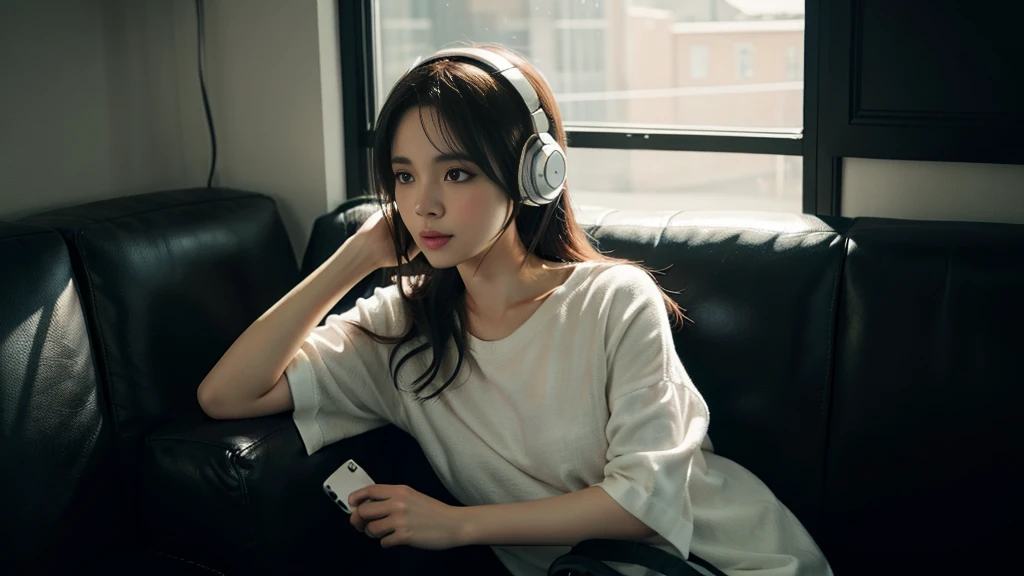There is a woman sitting on a sofa wearing headphones, a photorealistic painting inspired by Ayami Kojima, Trend of CGsociety, Digital art, realistic art style, with headphone, photorealistic art style, Casual pose, photo-realistic low lighting, photorealistic anime girl rendering, photorealistic 35mm, with headphone, realistic soft lighting