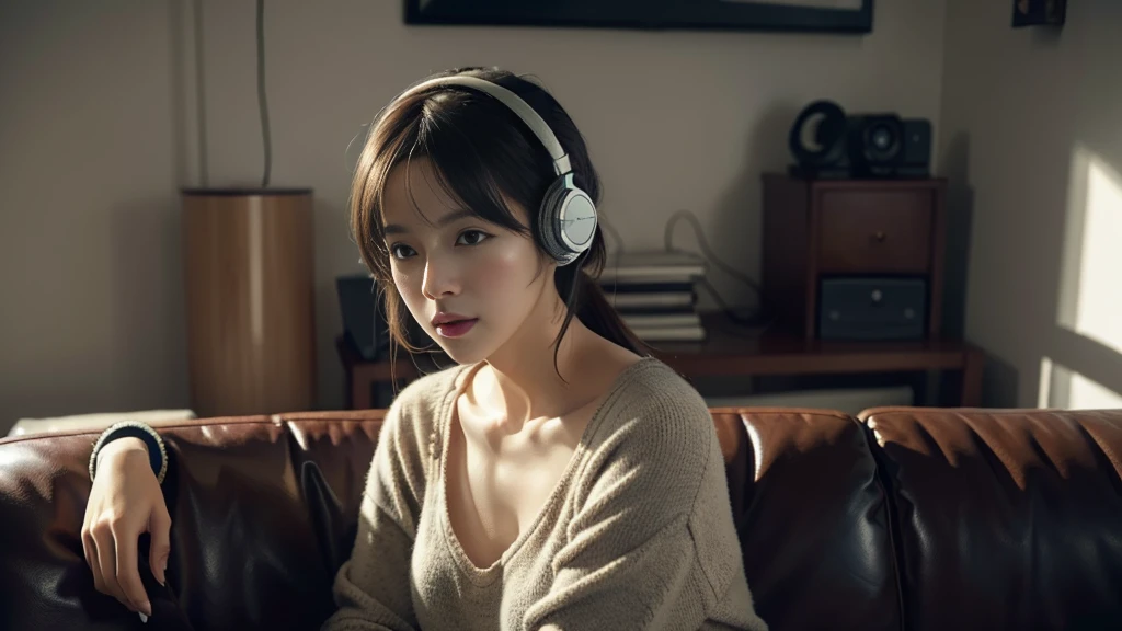 There is a woman sitting on a sofa wearing headphones, a photorealistic painting inspired by Ayami Kojima, Trend of CGsociety, Digital art, realistic art style, with headphone, photorealistic art style, Casual pose, photo-realistic low lighting, photorealistic anime girl rendering, photorealistic 35mm, with headphone, realistic soft lighting