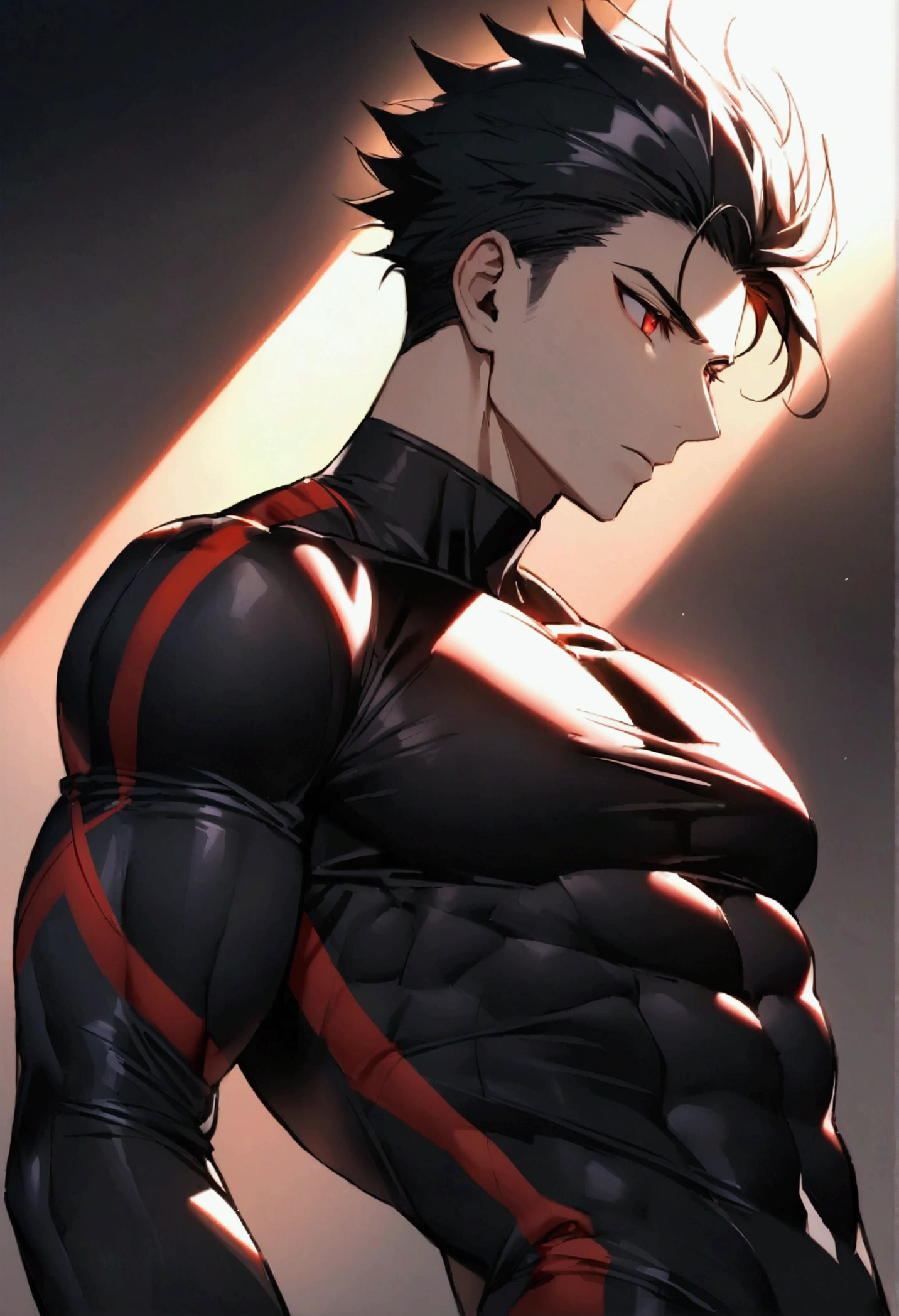 masculine man, tall, muscular, long-sleeved sports shirt made of black lycra, short black hair combed back and red eyes, black belt and black gloves, slim, 24 years old