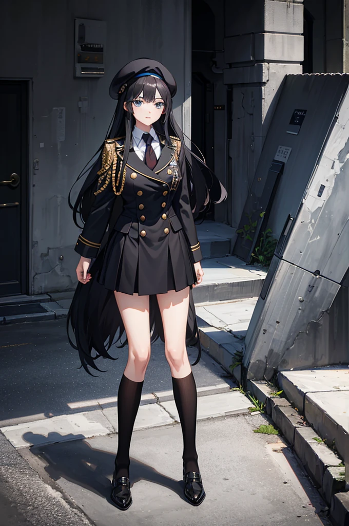 1woman, long black hair, blue eyes, academy uniform, beret, standing on ground, high res, ultra sharp, 8K, masterpiece