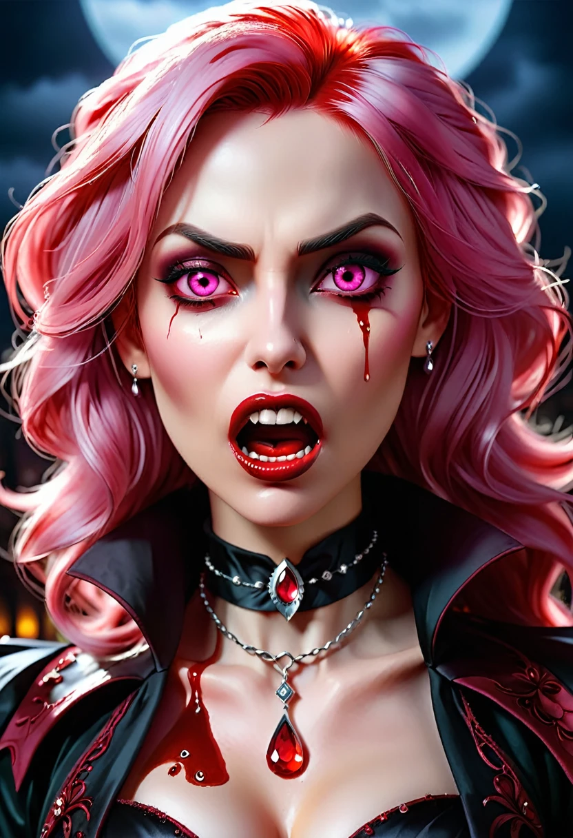 aa portrait of vampire with a bloody tear coming down from he eye, an exotic beautiful female vampire, pink hair color, dynamic hair style, ultra detailed face, best detailed face, silver eye color, ((1single red teardrop: 1.3)), ((tear drop made from blood)), ((teardrop coming down from the eye: 1.3)), small cleavage, wearing two black diamond earrings, Ultra-high resolution, High Contrast, (masterpiece:1.5), highest quality, Best aesthetics), 16K fantasy art, best details, best quality, highres, (ultra wide angle: 1.2), 16k, [ultra detailed], masterpiece, best quality, (extremely detailed), ladyshadow, magical sky, crying style, vampire teeth