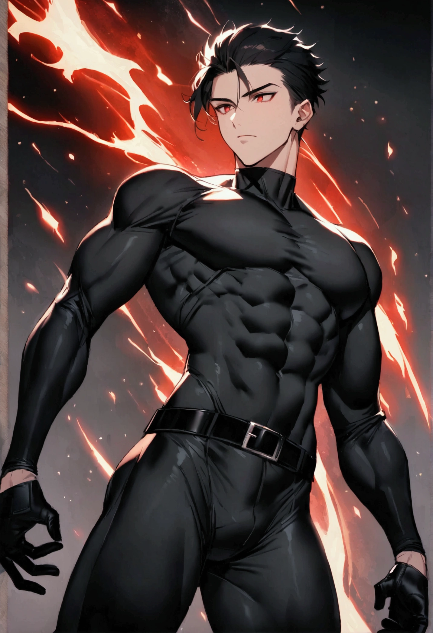 masculine man, tall, muscular, long-sleeved sports shirt made of black lycra, short black hair combed back and red eyes, black belt and black gloves, slim, 24 years old