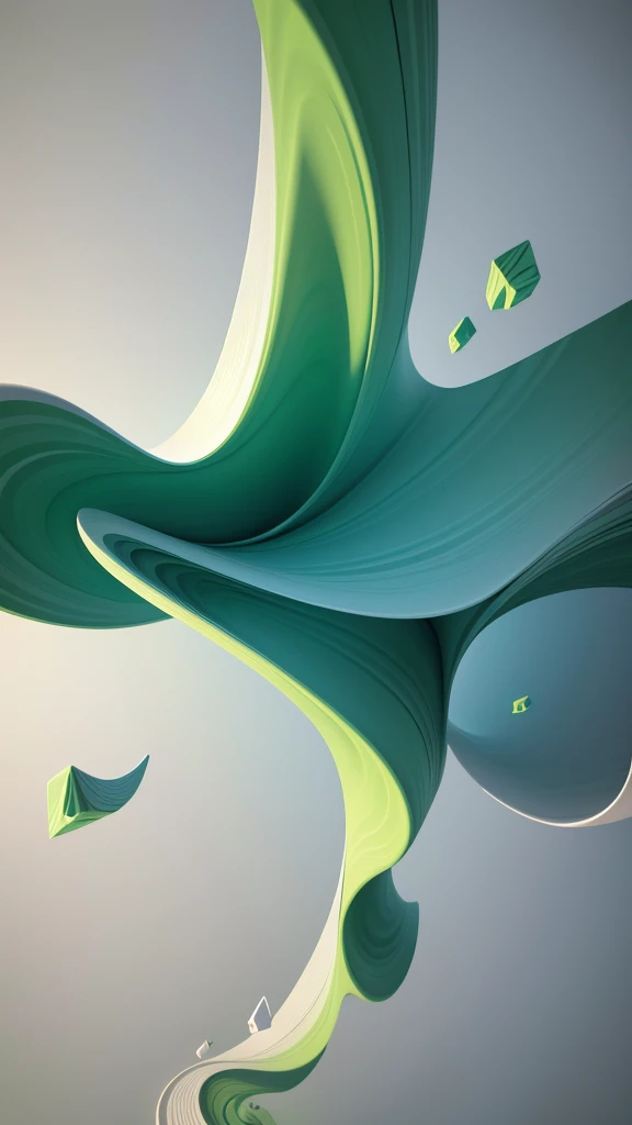 3d shapes of green abstract waves on white canvas