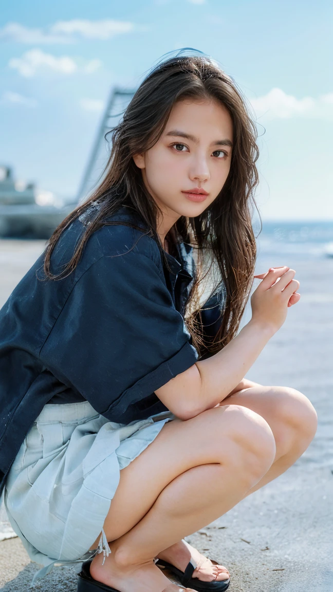 (((Top-down configuration:1.33)))、((No underwear:1.55))、One Girl、Beautiful and detailed eyes and face、barefoot、20 year old cute Japan woman, ((Extremely precise and accurate anatomy:1.0)), (photo Realistic:1.4), (hyper Realistic:1.4), (最高品質のRealisticな肌の質感:1.4), (Improvement of quality:1.4), (Enhances the beauty of skin texture:1.1), Clean and glowing skin, mesh, thin:1.2, (Realistic:1.3), Realisticなライティング, (Smoother lighting:1.05), (Improving the quality of cinema lighting:0.9), Backlight, A gentle light on your face, Ray Tracing, (Bright light:1.2), 32K, One Japanese woman, fine grain, Detailed face, (Film Grain:1.1),(Accentuates body lines:1.1), High resolution, Natural look, Kind eyes, Improves hair quality, Delicate light and shadow, Transparent muscles, Graceful pose, Beautiful Eyes, Sharp details, Soft light reflection, Beautiful contours, Delicate skin tone, Fine hair texture, Natural background, (((sunny day、Beach、A strong wind is blowing、Her hair and skirt are flying、Squat, Traditional navy blue sailor uniform、Open shirt、Pleated skirt、Scooping seawater with hands:1.25、splash、Sandy Beach、Light of the sun、clear blue sea、The waves crash quietly、Blue sky and white clouds、green mountain々、Beautiful Nature、The joys of youth)))、