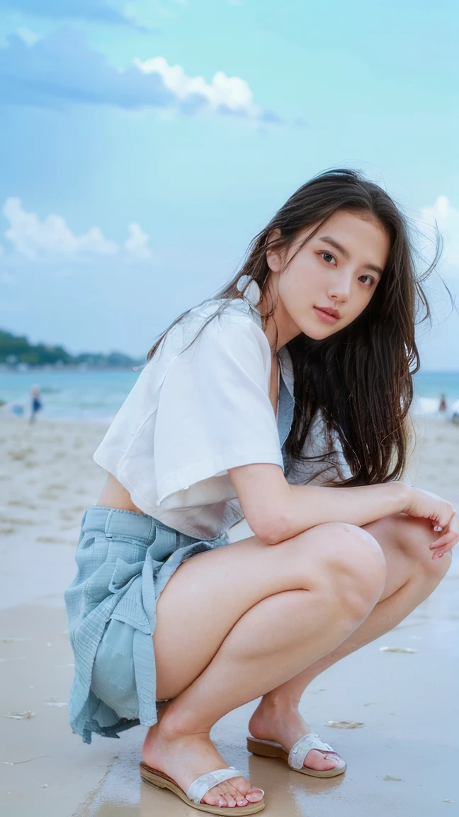(((Top-down configuration:1.33)))、((No underwear:1.55))、One Girl、Beautiful and detailed eyes and face、barefoot、20 year old cute Japan woman, ((Extremely precise and accurate anatomy:1.0)), (photo Realistic:1.4), (hyper Realistic:1.4), (最高品質のRealisticな肌の質感:1.4), (Improvement of quality:1.4), (Enhances the beauty of skin texture:1.1), Clean and glowing skin, mesh, thin:1.2, (Realistic:1.3), Realisticなライティング, (Smoother lighting:1.05), (Improving the quality of cinema lighting:0.9), Backlight, A gentle light on your face, Ray Tracing, (Bright light:1.2), 32K, One Japanese woman, fine grain, Detailed face, (Film Grain:1.1),(Accentuates body lines:1.1), High resolution, Natural look, Kind eyes, Improves hair quality, Delicate light and shadow, Transparent muscles, Graceful pose, Beautiful Eyes, Sharp details, Soft light reflection, Beautiful contours, Delicate skin tone, Fine hair texture, Natural background, (((sunny day、Beach、A strong wind is blowing、Her hair and skirt are flying、Squat, Traditional navy blue sailor uniform、Open shirt、Pleated skirt、Scooping seawater with hands:1.25、splash、Sandy Beach、Light of the sun、clear blue sea、The waves crash quietly、Blue sky and white clouds、green mountain々、Beautiful Nature、The joys of youth)))、