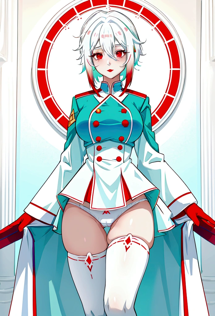 (My little pony), anthro, ((turquoise to white hair gradient)), white body, red eyes, medium breasts, red lips, perfect lines, beautiful quality, room, very shy, ((red keeper uniform)), radiant light, red stockings, white panties, cameltoe