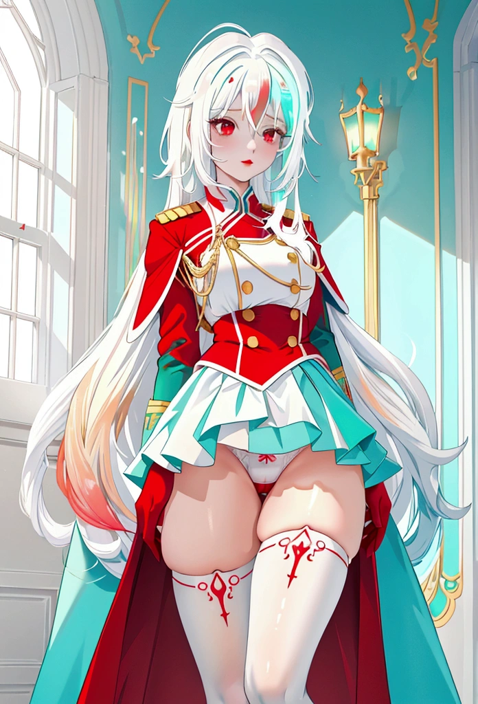 (My little pony), anthro, ((turquoise to white hair gradient)), white body, red eyes, medium breasts, red lips, perfect lines, beautiful quality, room, very shy, ((red keeper uniform)), radiant light, red stockings, white panties, cameltoe