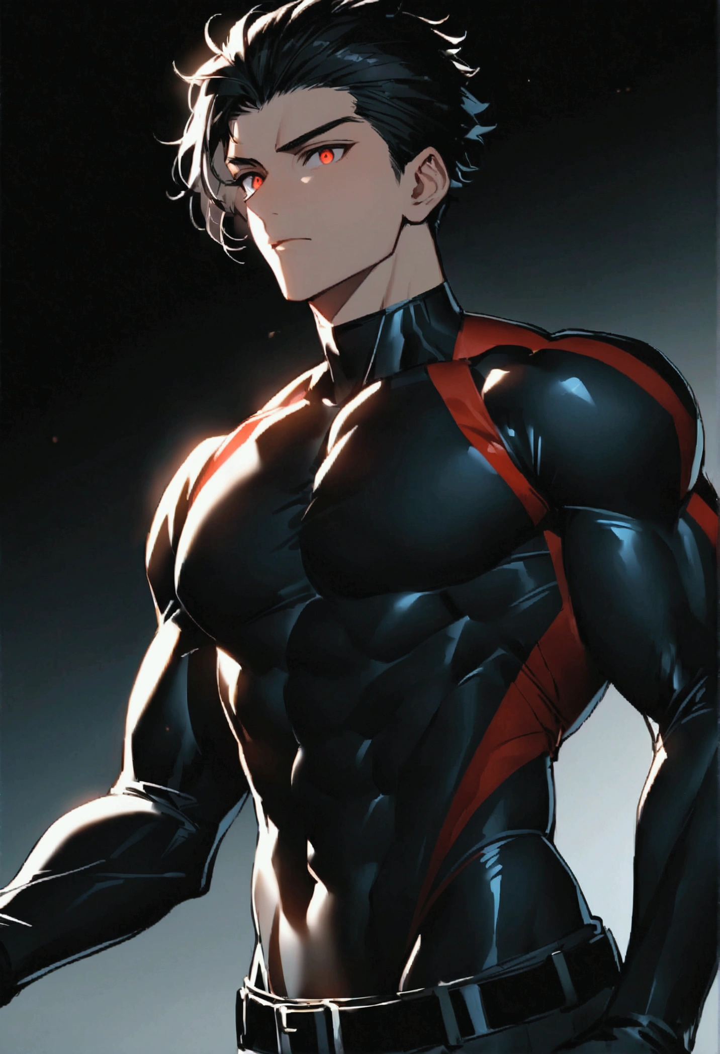 masculine man, tall, muscular, long-sleeved sports shirt made of black lycra, short black hair combed back and red eyes, black belt and black gloves, slim, 24 years old