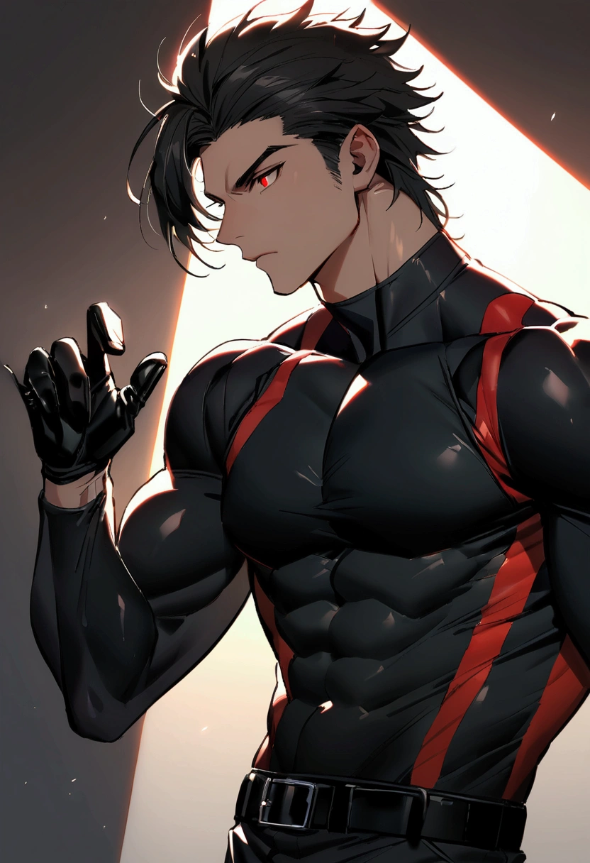 masculine man, tall, muscular, long-sleeved sports shirt made of black lycra, short black hair combed back and red eyes, black belt and black gloves, slim, 24 years old