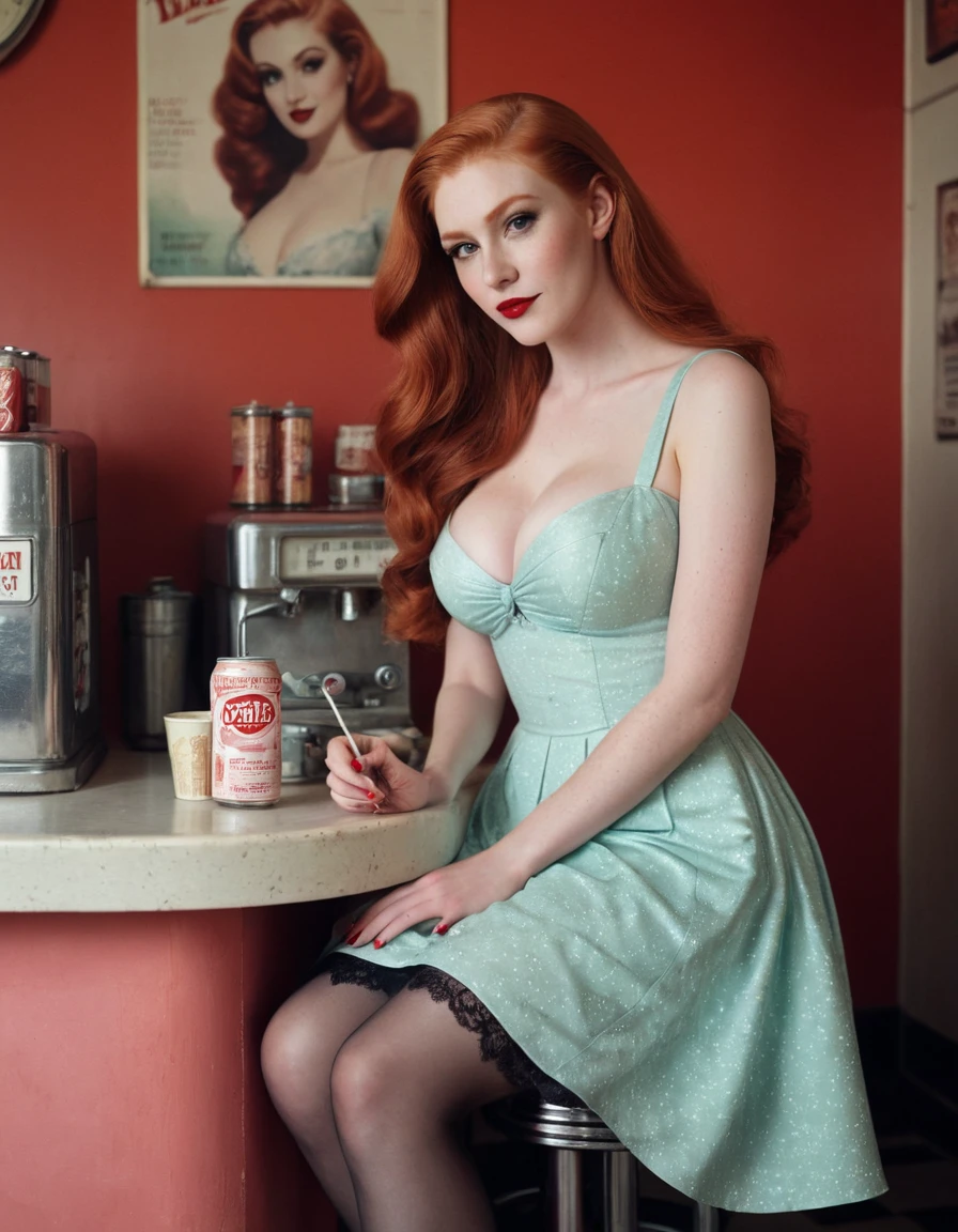 Portrait (((vampire))), hot, sexy, , sexy, hot, (((large breast))) long hair, (((red hair))) (((white skin))), sitting & smilling, gotic dress, retro pastel walls, a stylish counter vintage soda fountain and old posters, bathed in warm sunlight, analog and kodachrome film photographs.