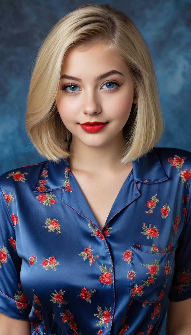 ultrarealistic high quality mugshot photo of a beautiful busty european 18-year-old teen girl with cute hyperdetailed shy happy face and shoulder length platin-blonde classic bob and long legs, realistic round eyes, red lipgloss, decent makeup with eyeliner, wearing prussian blue button-up satin pajamas, cleavage, hourglass body, indoor office photography