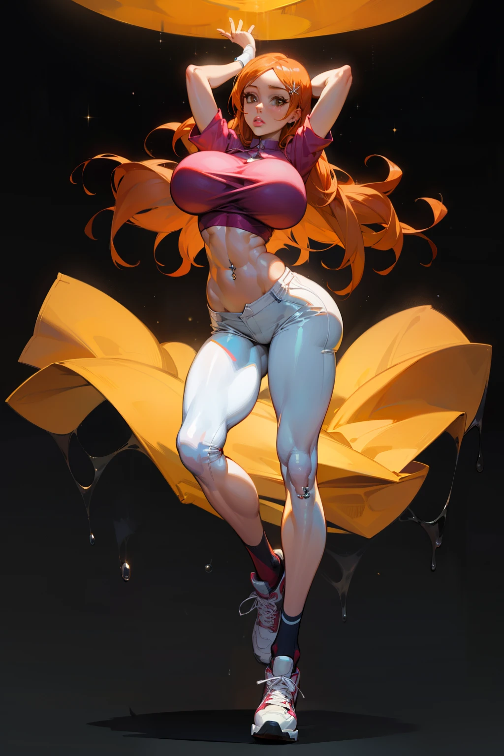 (navel piercing), navel exposed, Generate an illustration of a mature Orihime, pink shirt,  orange hair, holding her own breasts ,  ((aletta ocean face)), de terno preto, (natural lipstick:1.1), long hair, hair flows straight down, hair pins on both sides, (gigantic breasts:1.3), (crop top), shorts, long socks, sneakers,  outfit in anime format with a serious style, breasts covered, masterpiece, ((white lighting)), black background, puffy lips,((slendered abs)), beautiful face,