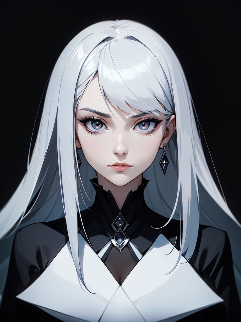 (((Portrait Photo))), She has a calm and enigmatic appearance of a 16-year-old, with a slender and poised build that exudes elegance and mystery. Her straight, shoulder-length silver hair frames her face with a sleek and sophisticated style, complementing her cool and composed demeanor. Her deep grey eyes convey a sense of depth and introspection, adding to her intriguing presence. She is dressed in a sleek black coat with a high collar and white fur trim, giving her a chic and stylish look that combines both warmth and sophistication. Her expression is serene and thoughtful, with a subtle hint of melancholy, reflecting her complex and multifaceted personality. (((High Quality, Dark Background))), (((Portrait Photo)))