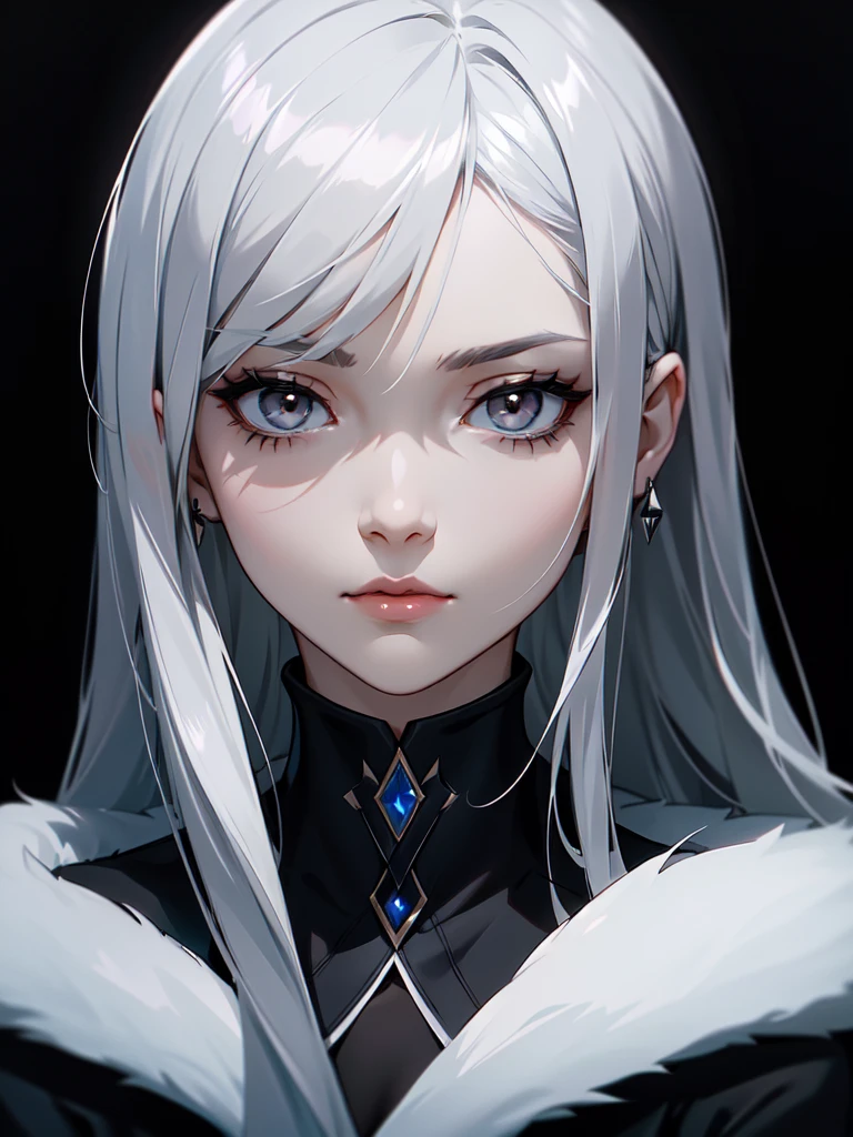 (((Portrait Photo))), She has a calm and enigmatic appearance of a 16-year-old, with a slender and poised build that exudes elegance and mystery. Her straight, shoulder-length silver hair frames her face with a sleek and sophisticated style, complementing her cool and composed demeanor. Her deep grey eyes convey a sense of depth and introspection, adding to her intriguing presence. She is dressed in a sleek black coat with a high collar and white fur trim, giving her a chic and stylish look that combines both warmth and sophistication. Her expression is serene and thoughtful, with a subtle hint of melancholy, reflecting her complex and multifaceted personality. (((High Quality, Dark Background))), (((Portrait Photo)))