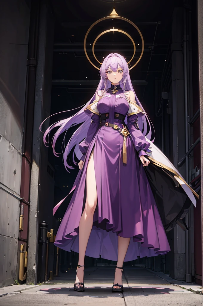 1 woman, tall, light purple hair, golden eyes, dress, standing on ground, high res, ultra sharp, 8K, masterpiece