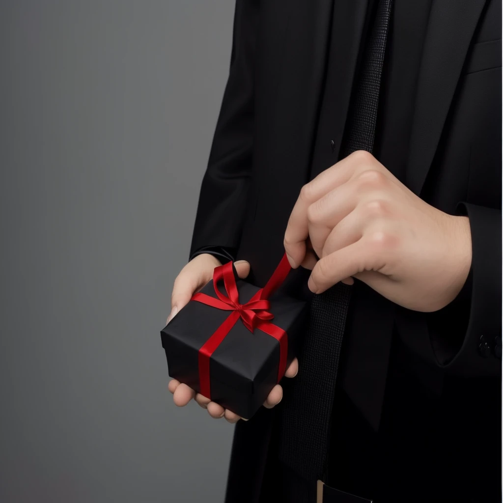 someone is holding a black gift with a red ribbon in his hand, giving Gifts to people, holding a gift, Gifts, wear robes and ties, In a black suit, In a black noble suit, Wear a black robe, In a black suit, Wear a black robe, in a black and red suit, wear a black shirt, мужчина In a black suit, presents
