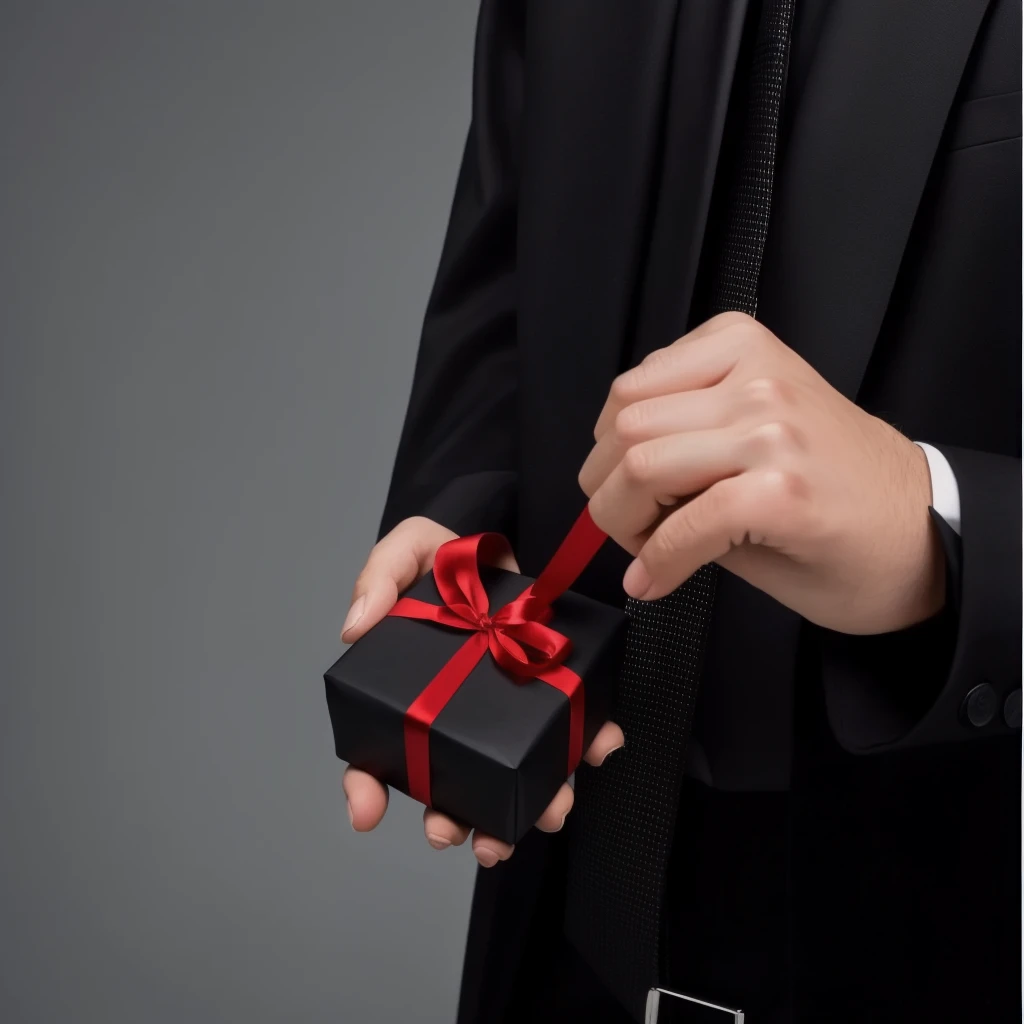 someone is holding a black gift with a red ribbon in his hand, giving Gifts to people, holding a gift, Gifts, wear robes and ties, In a black suit, In a black noble suit, Wear a black robe, In a black suit, Wear a black robe, in a black and red suit, wear a black shirt, мужчина In a black suit, presents