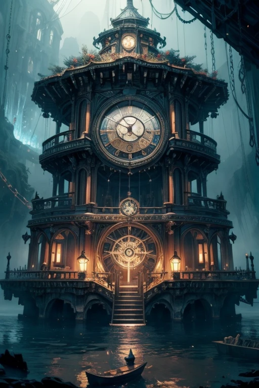 A mystical mysterious clock work Island, Island of gears and pendulums, Island of mechanical clocks, clock island, water surrounding the island, mysterious atmosphere,mechanical clock island, mystical, fantasy, digital art, intricate details, 8k, photorealistic, hyperrealistic, cinematic lighting, dramatic lighting, high quality, intricate details, masterpiece, digital art