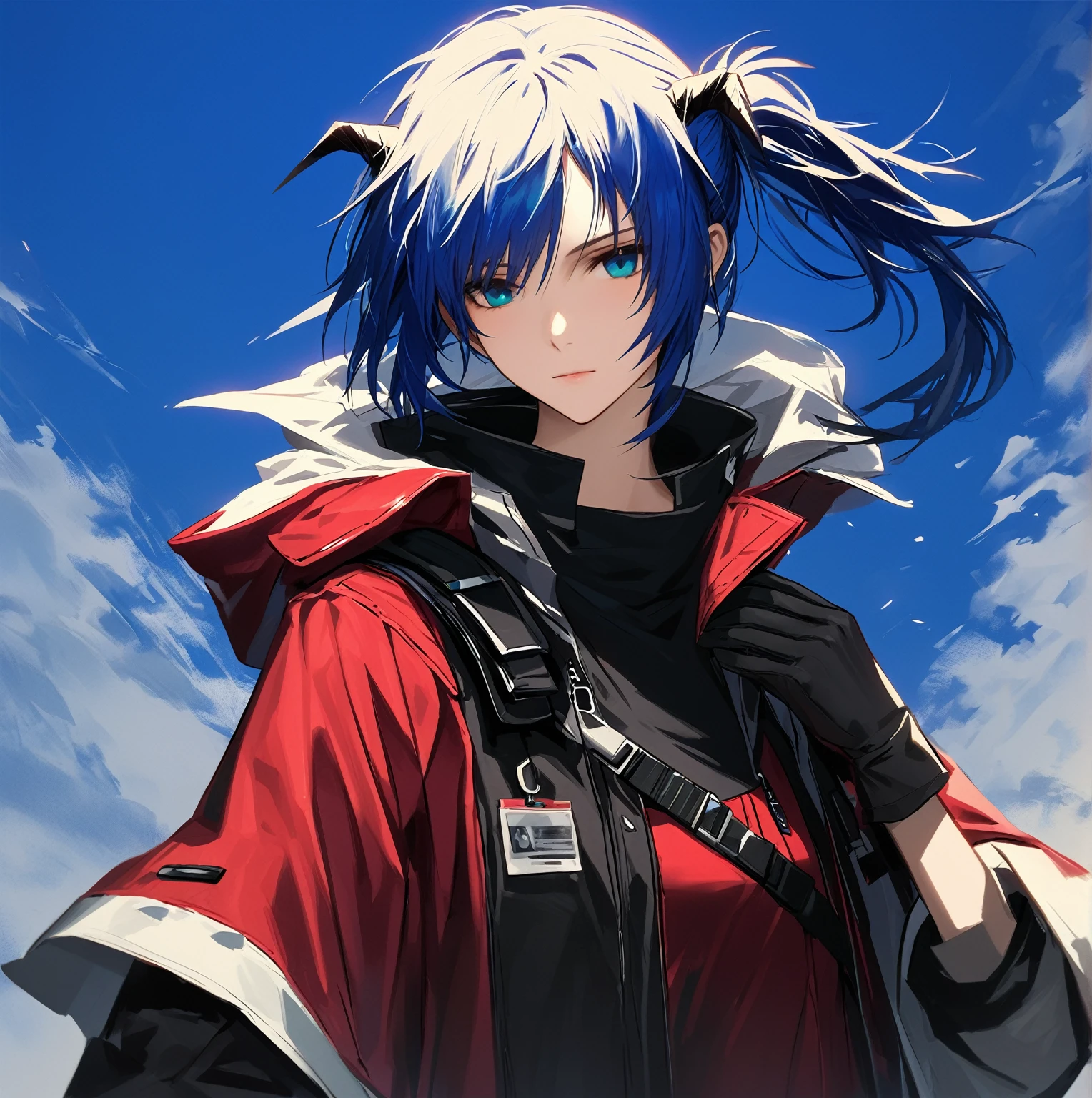 (woman), ((Mostima from arknights)), masterpiece, best quality, blue hair, ((short hair)), ((pony tail hair)), horns, plain white shirt, red fullbody coat, dark blue eyes, realistic anime style, faint smile, ((portrait)), black gloves, carring a bag.
