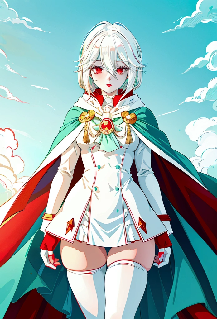 (My little pony), anthro, ((turquoise to white hair gradient)), white body, red eyes, medium breasts, red lips, perfect lines, beautiful quality, room, very shy, ((red mage cape)), radiant light, red stockings, white panties, cameltoe