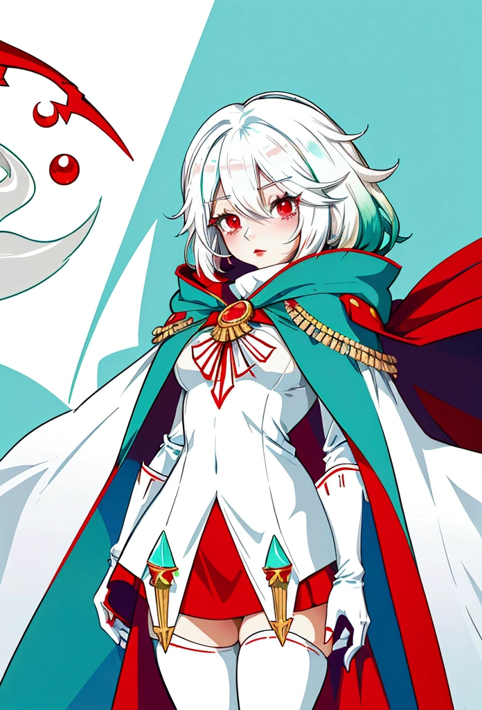(My little pony), anthro, ((turquoise to white hair gradient)), white body, red eyes, medium breasts, red lips, perfect lines, beautiful quality, room, very shy, ((red mage cape)), radiant light, red stockings, white panties, cameltoe