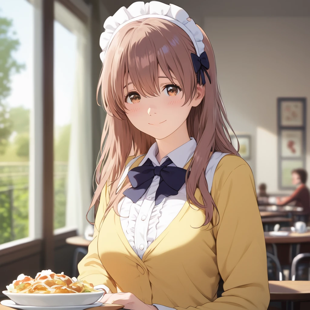 score_9,score_8_up,score_7_up,masterpiece,best quality, source anime, photorealistic, hyperrealistic, 8k,photo,raw,super detailed, extreme detailed, rating_explicit, 
1girl, waitress, standing, 
BREAK girl, shouko nishimiya, 18yo, long hair, bangs between eyes, brown eyes, (large breasts:0.9),
shiny hair, beautiful detailed eyes, beautiful face,
BREAK frilled waitress uniform, orange uniform, headdress,
embarrassed, blush, smile, modern cafe