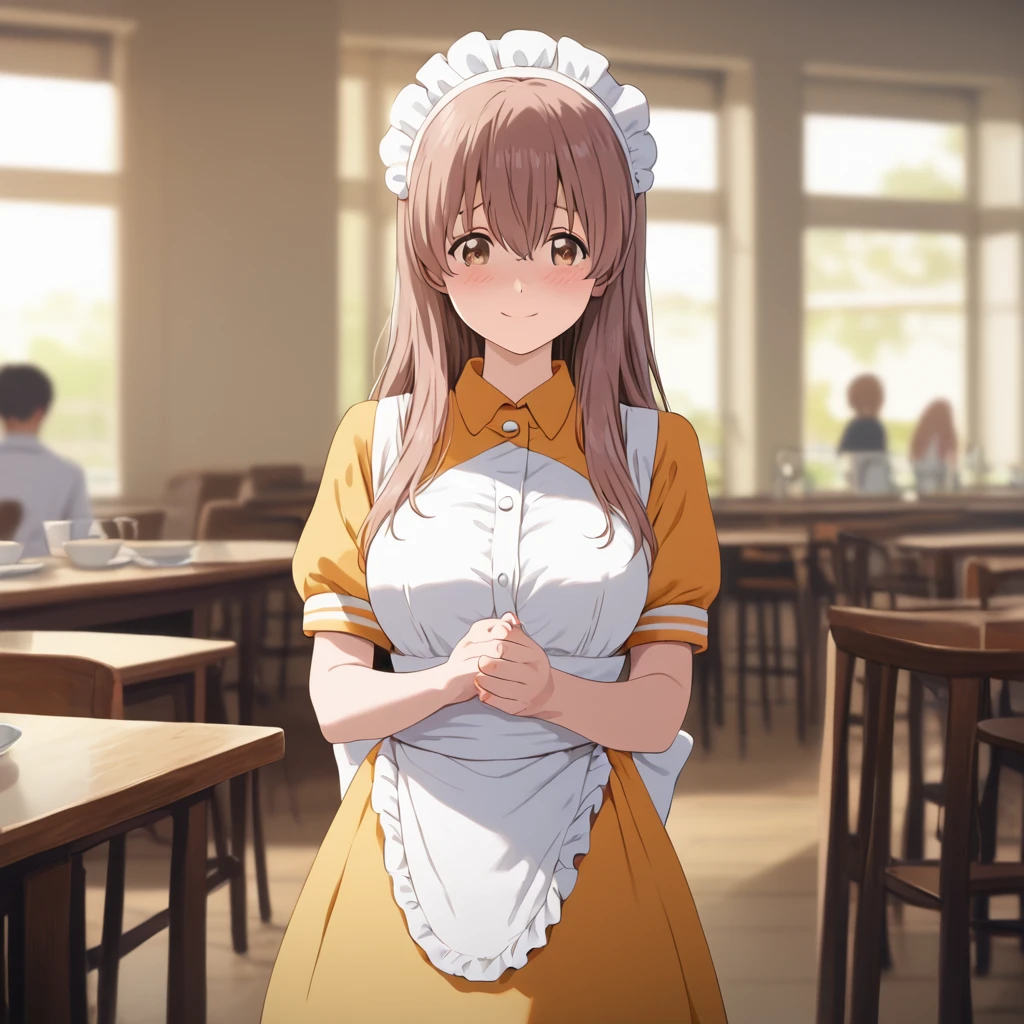 score_9,score_8_up,score_7_up,masterpiece,best quality, source anime, photorealistic, hyperrealistic, 8k,photo,raw,super detailed, extreme detailed, rating_explicit, 
1girl, waitress, standing, 
BREAK girl, shouko nishimiya, 18yo, long hair, bangs between eyes, brown eyes, (large breasts:0.9),
shiny hair, beautiful detailed eyes, beautiful face,
BREAK frilled waitress uniform, orange uniform, headdress,
embarrassed, blush, smile, modern cafe