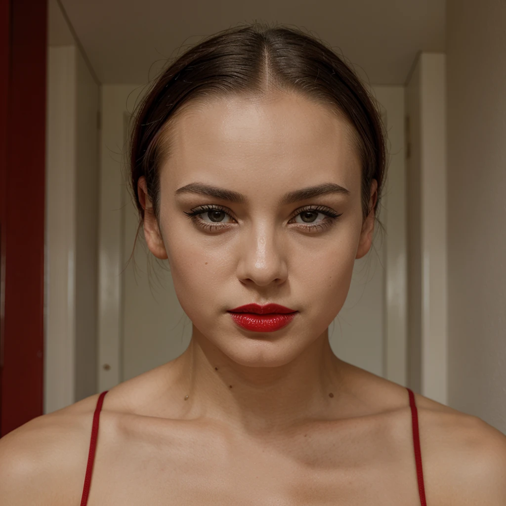 1 solo Girl, bald hair, red lips, symmetry face