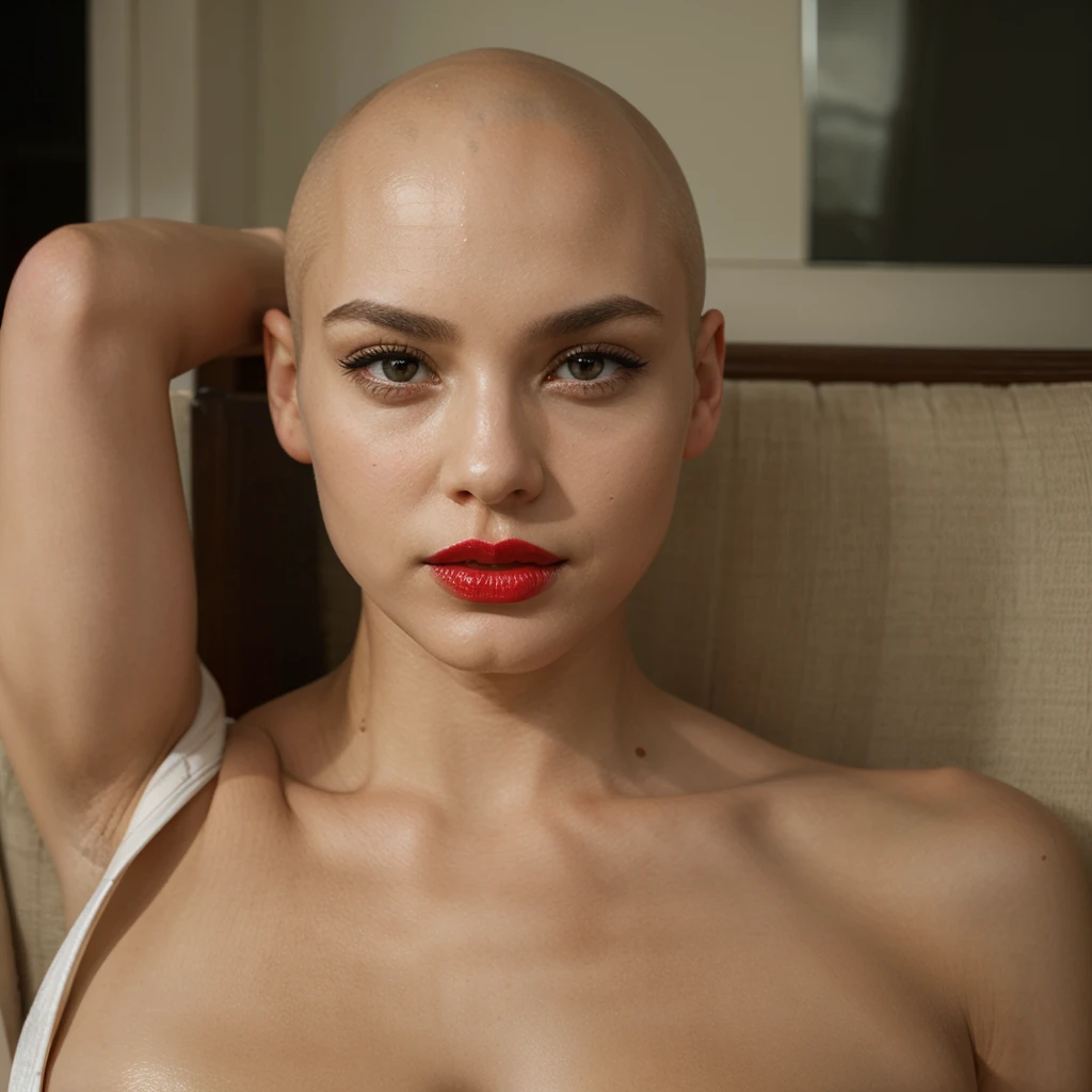 1 solo Girl, bald hair, red lips, symmetry face