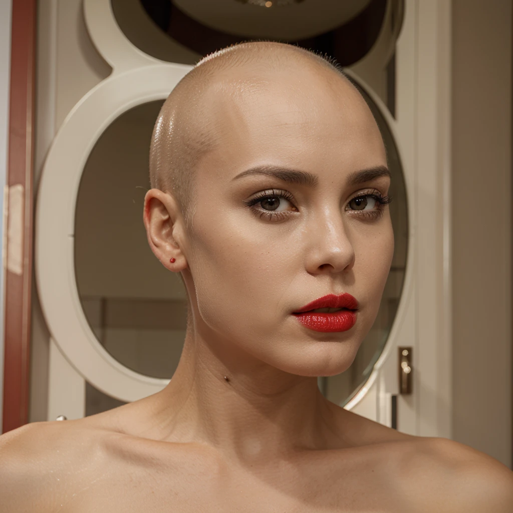 1 solo Girl, bald hair, red lips, symmetry face