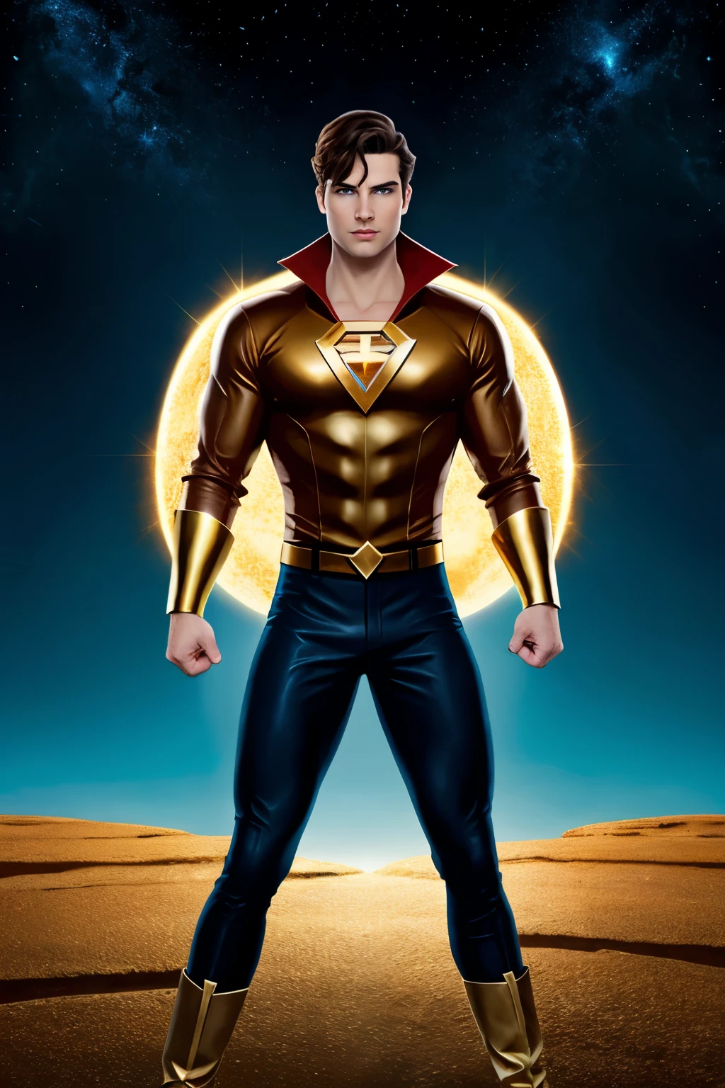 A cartoon man character with super powers 5 elements of the earth with golden leather and diamond blue eyes dark brown hair and short hair
