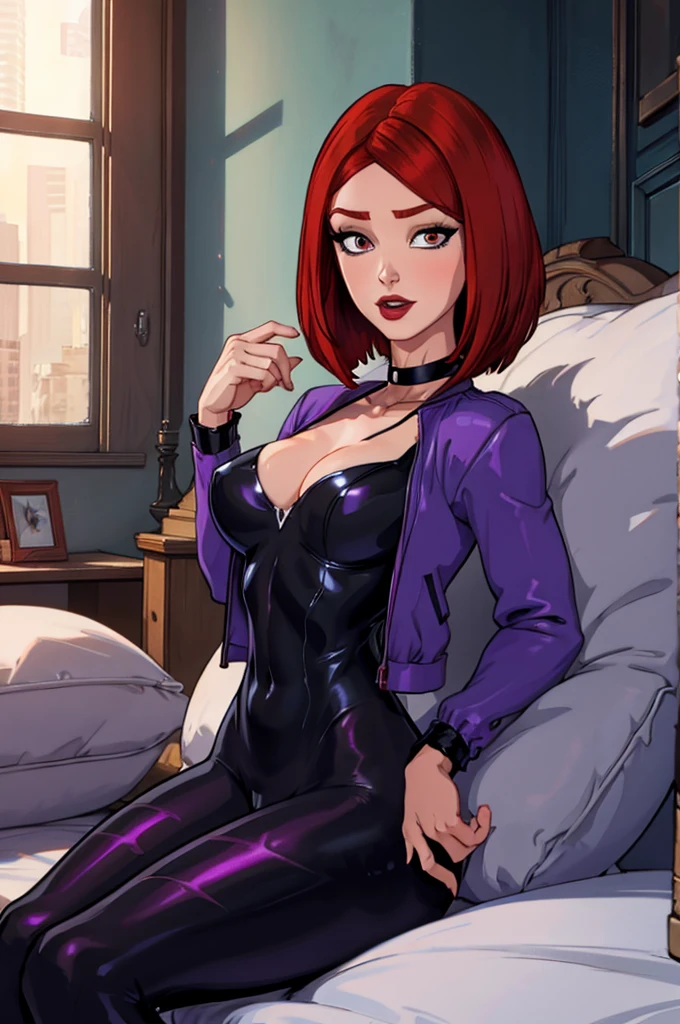 Mary Jane Watson, hot sexy girl with short red hair, black choker, gothic makeup, purple jacket, nude pussy, nude legs