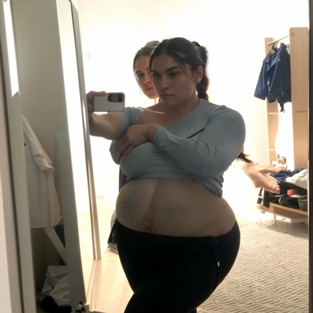 there is a woman taking a selfie in a mirror, wearing tight shirt, tight shirt, 2 4 year old female model, mirror selfie, her hair is in a pony tail, her face flushing and sweat, she is facing the camera, tight outfit, 19-year-old girl, leaked photo, leaked footage, leaked image, standing in front of a mirror in a tight bikini whilst beein 1-2 months pregnant