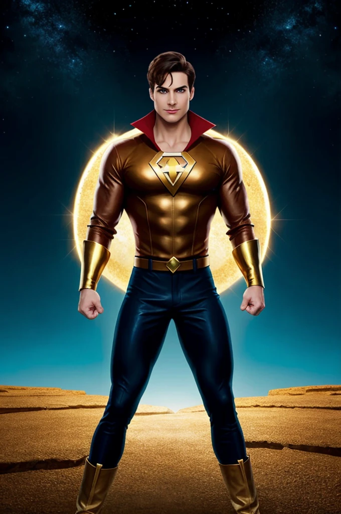 A cartoon man character with super powers 5 elements of the earth with golden leather and diamond blue eyes dark brown hair and short hair
