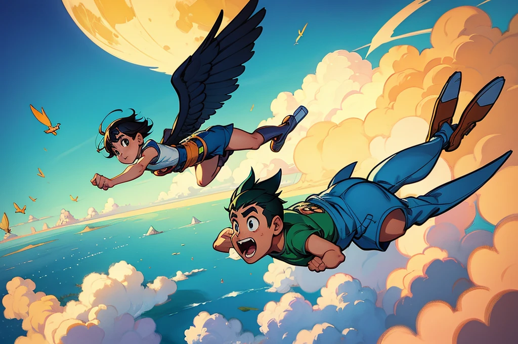 cartoon boy flying in the sky, Hero 2d Fanart Artsation, Art on Artstation, Detailed and cute digital art, adorable digital painting, offcial art, winged boy, character is flying, by Goro Fujita, offcial artwork, inspired by Goro Fujita, nintendo game art, official fanart, flying through the sky, best quality, masterpiece, high details