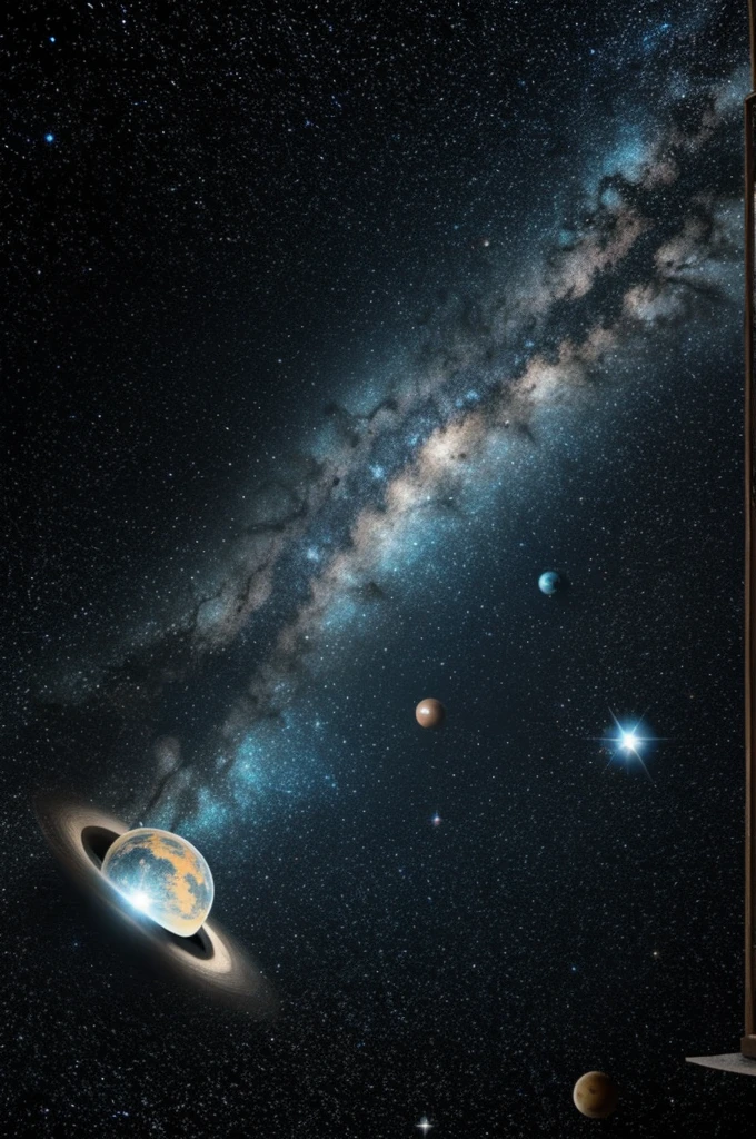 A broken wall with a window and a cat with a universe full of galaxies stars and planets and a big star in the center