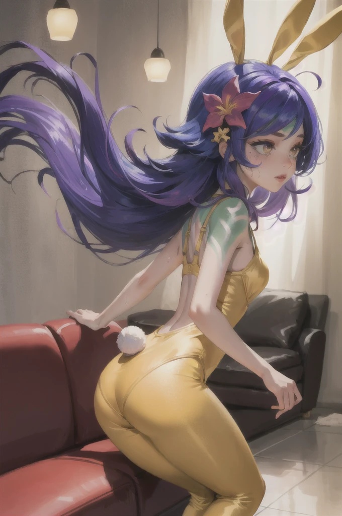 ((Cinematic light, Best quality, 8k, Masterpiece :1.3)), 1girl, Beautiful woman with thin abs :1.4, (purple hair, small breasts :1.3), rope panties, bra :1.2, hopefully falling, seductive open lips, sofa, ultra-detailed face, detailed eyes, double eyelidwork, best quality, Neeko, hair ornaments, hair flower, body paint, calango tail, trying to be sexy,(( golden bunnysuit)),  showing sweaty armpits, steamy, teasing, golden see-through pantyhose, tight, undersized clothes, ass view, pantyline, ass focus, back view, giant ass, bubble ass, pervert, insane pervert, horny