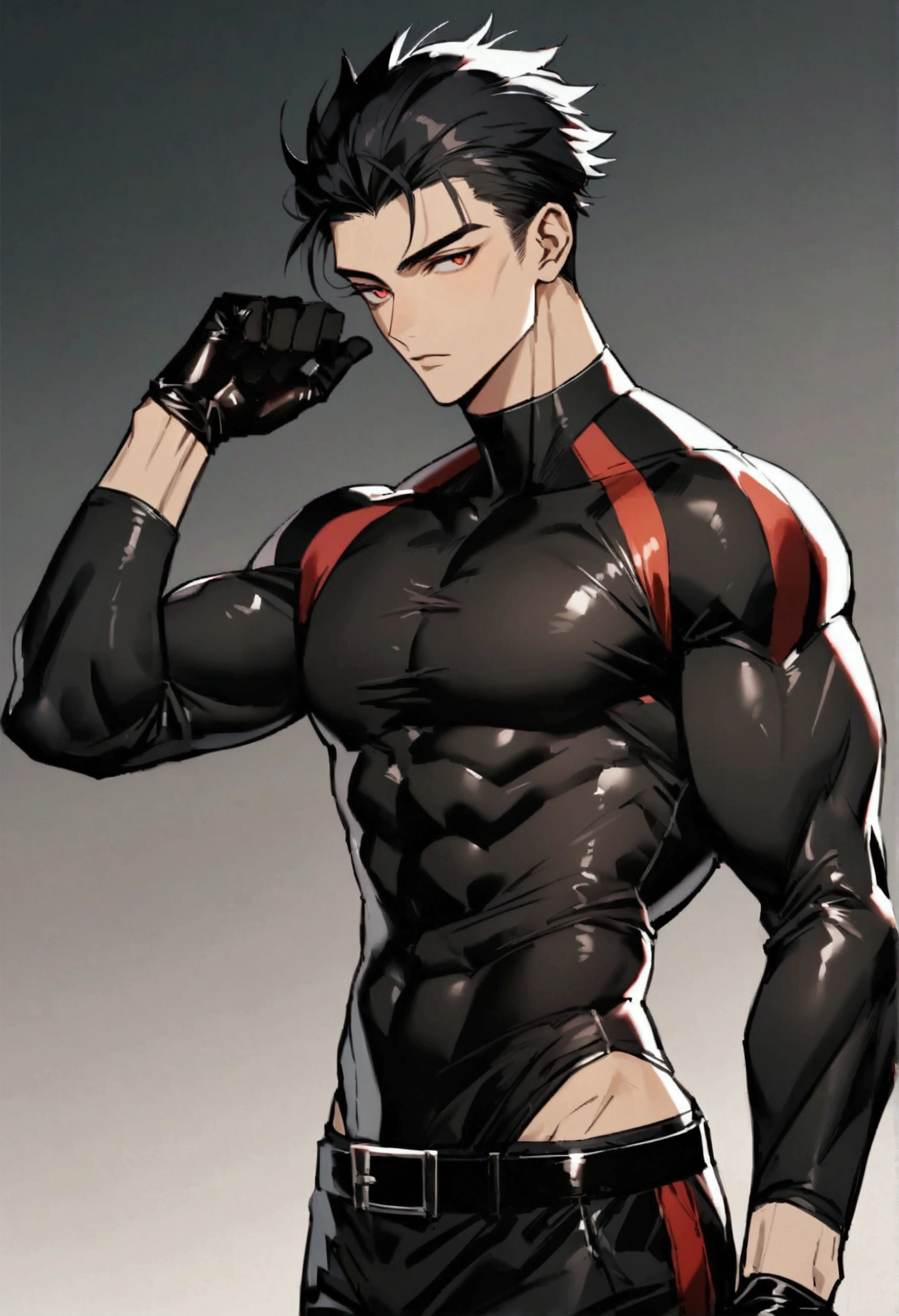 masculine man, tall, muscular, long-sleeved sports shirt made of black lycra, short black hair combed back and red eyes, black belt and black gloves, slim, 24 years old