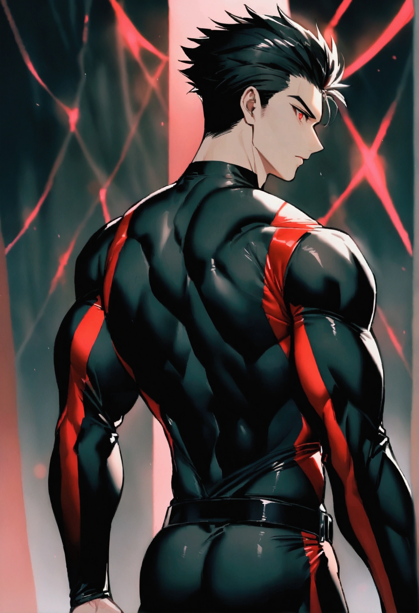 masculine man, tall, muscular, long-sleeved sports shirt made of black lycra, short black hair combed back and red eyes, black belt and black gloves, slim, 24 years old