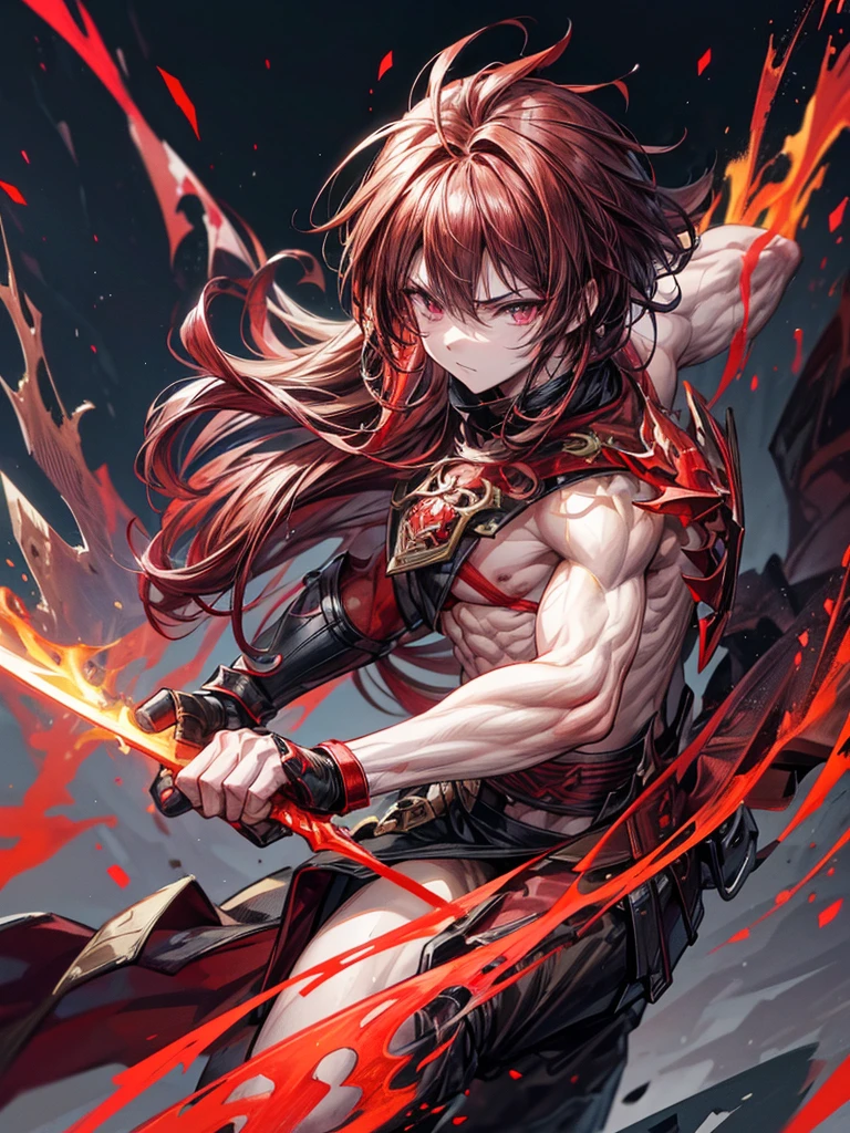 “Anime style fierce young handsome male warrior, messy reddish brown hair, bright scarlet red open eyes, wearing a black Ninja sleeveless suit with gold accents, naked arms, holding a flaming sword, blur the background to create a three-dimensional effect, atmosphere, muscular body, golden dragon emblem on chest, black and red gloves, ultra details, life size, high detailed eyes texture, perfect anatomy, standing on a mountain peak with volcanic eruptions in the background, during sunset, pure skin, muscular body build, glowing dragon emblem on chest armor, smooth messy hair, detailed pure skin texture, dynamic fighting pose, Full HD, 4K, HDR, perfect anatomy, Depth of field”