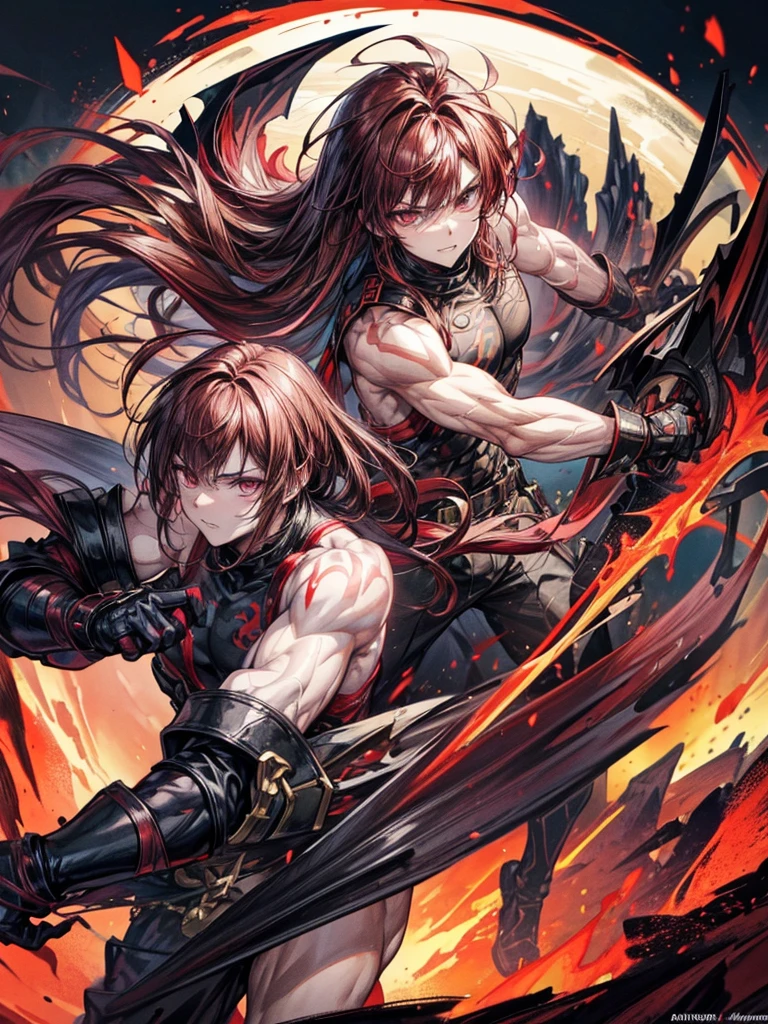 “Anime style fierce young handsome male warrior, messy reddish brown hair, bright scarlet red open eyes, wearing a black Ninja sleeveless suit with gold accents, naked arms, holding a flaming sword, blur the background to create a three-dimensional effect, atmosphere, muscular body, golden dragon emblem on chest, black and red gloves, ultra details, life size, high detailed eyes texture, perfect anatomy, standing on a mountain peak with volcanic eruptions in the background, during sunset, pure skin, muscular body build, glowing dragon emblem on chest armor, smooth messy hair, detailed pure skin texture, dynamic fighting pose, Full HD, 4K, HDR, perfect anatomy, Depth of field”